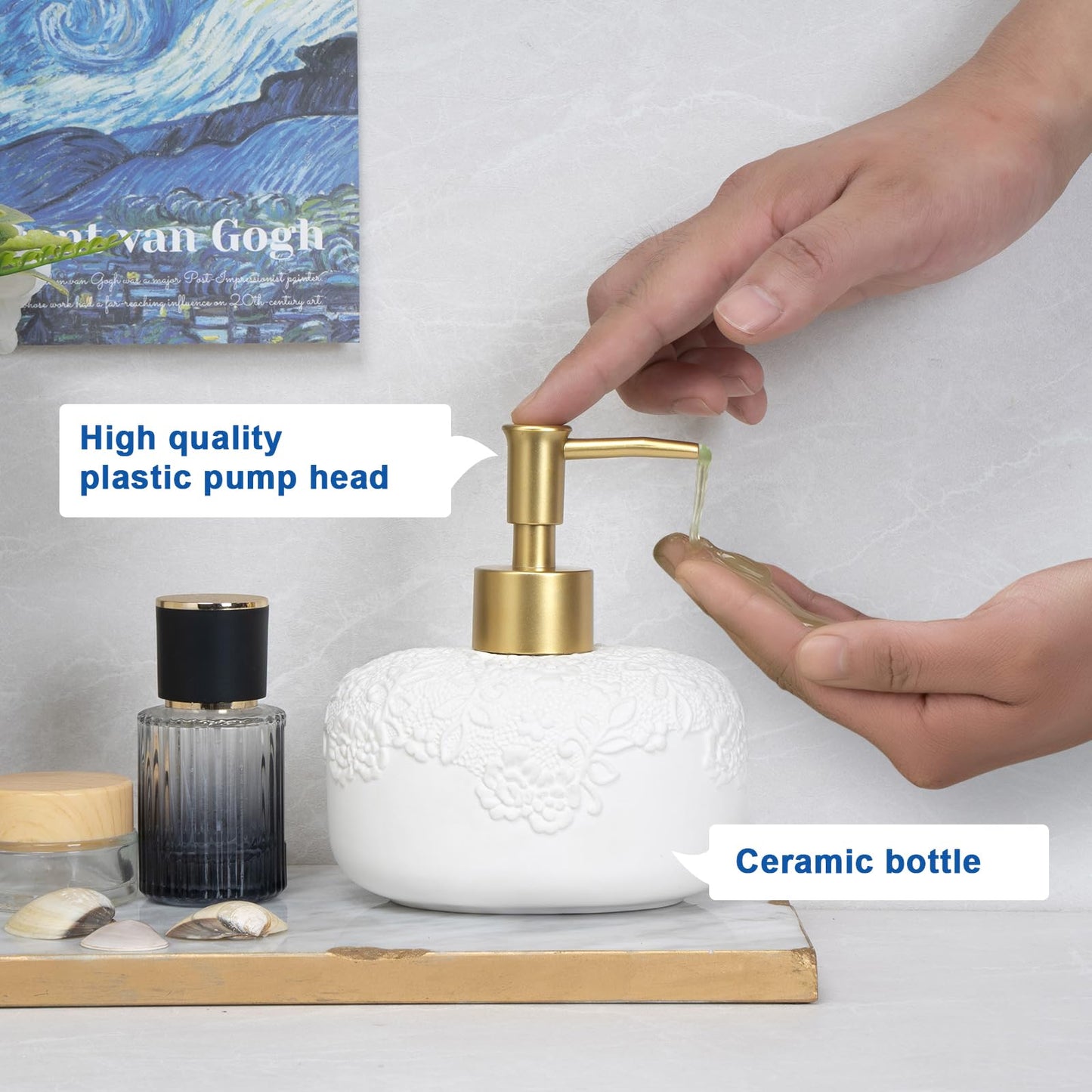UHEY HOME Ceramic White Liquid Soap Dispenser with Embossed Design Look, Soap Dispenser with Rust-Proof Plastic Pump 13.5oz for Bathroom Kitchen