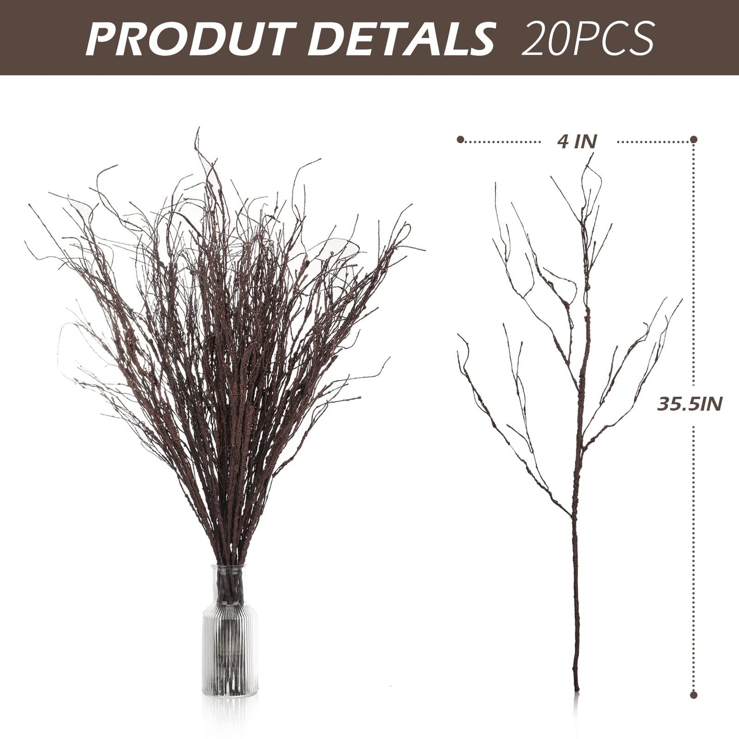 Yunsailing 20 Pcs 35.4'' Tree Branches for Summer Decoration Curly Willow Branches Twigs for Vases Tree Gifts Floral Dried Bendable Artificial Twigs for Decorative Sticks(Dark Brown)
