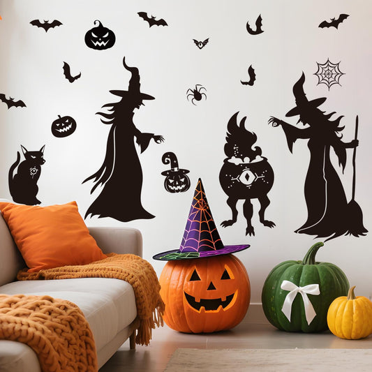 Witch Silhouette Wall Decal Set, Spooky Bats, Pumpkins & Spider Decor Wall Stickers, Peel and Stick Removable Vinyl Stickers, Halloween Party Decorations for Home, Living Room, Bedroom, Window Clings