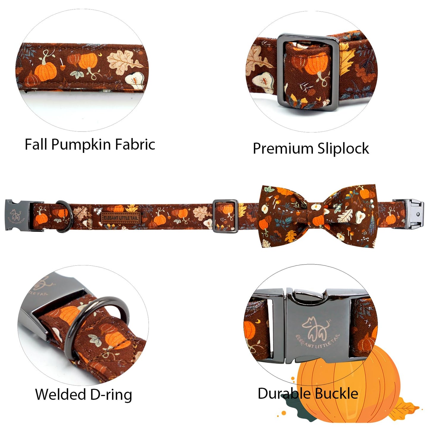 Elegant little tail Halloween Dog Collar, Ghosts Print Pumpkin Pet Collars with Bow Puppy Collar Bowtie Female or Male Cotton Adjustable Collars for Small Medium Large Dogs