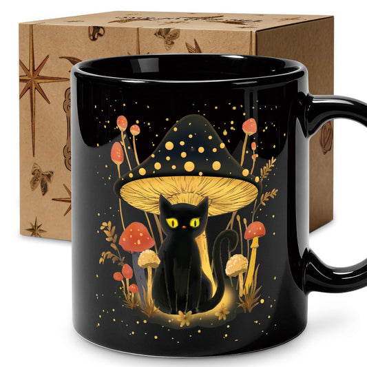 Amabwirizaa Black Cat Mug Mushroom Coffee Mug 11oz - Cute Cat Gifts for Women CatMom - Cottagecore Witchy Mystical Forest Aesthetic Ceramic Cup - Halloween Birthday Gift for CatLovers Fall Decor
