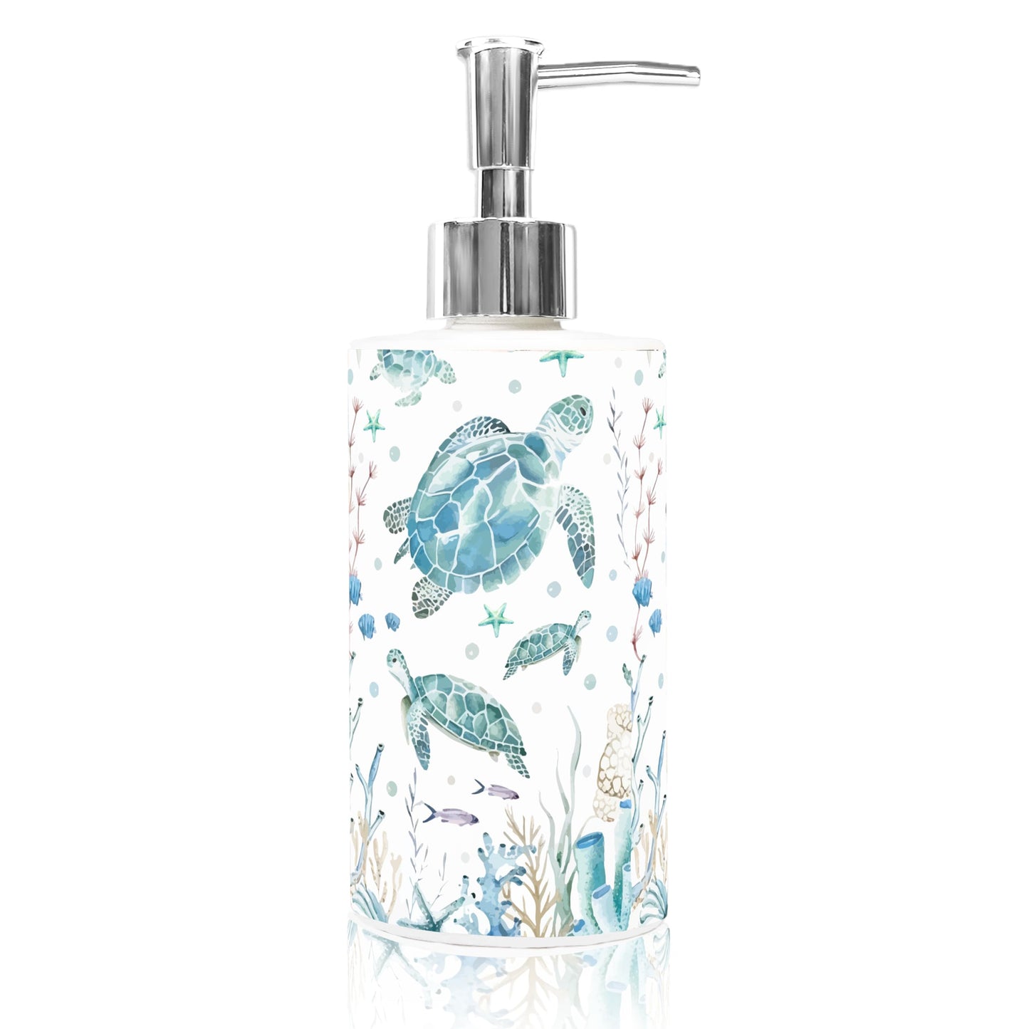 Mezeathos Coastal Turtle Soap Dispenser Glass Dispenser with Silver Pump Nautical Ocean Turtle Coral Starfish Refillable Liquid Soap Container for Summer Home Bathroom Kitchen Countertop Decor
