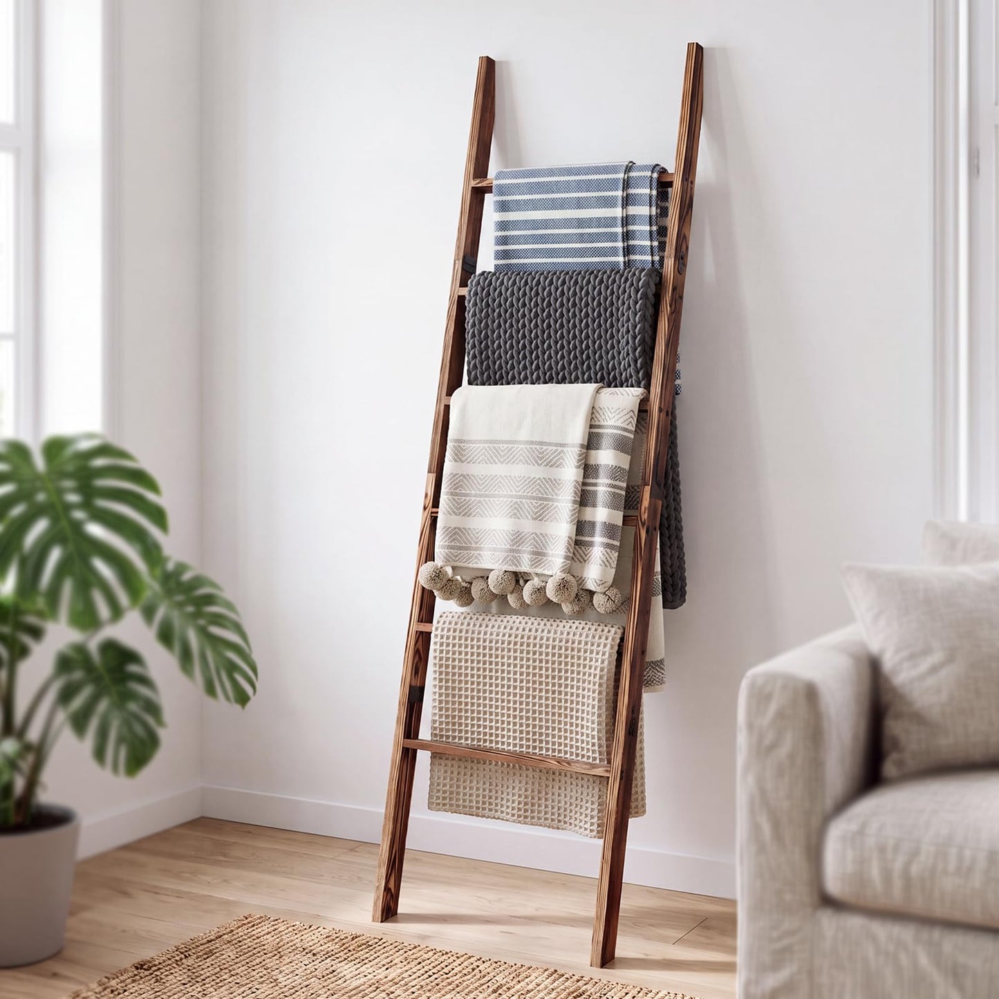 6-Tier Blanket Ladder Wooden, 5.7FT(66.5'') Blanket Quilt Towel Holder Rack Decorative Ladder, Easy Assembly, Rustic Farmhouse Ladder Shelf for The Living Room Bedroom Bathroom Home Decor, Brown