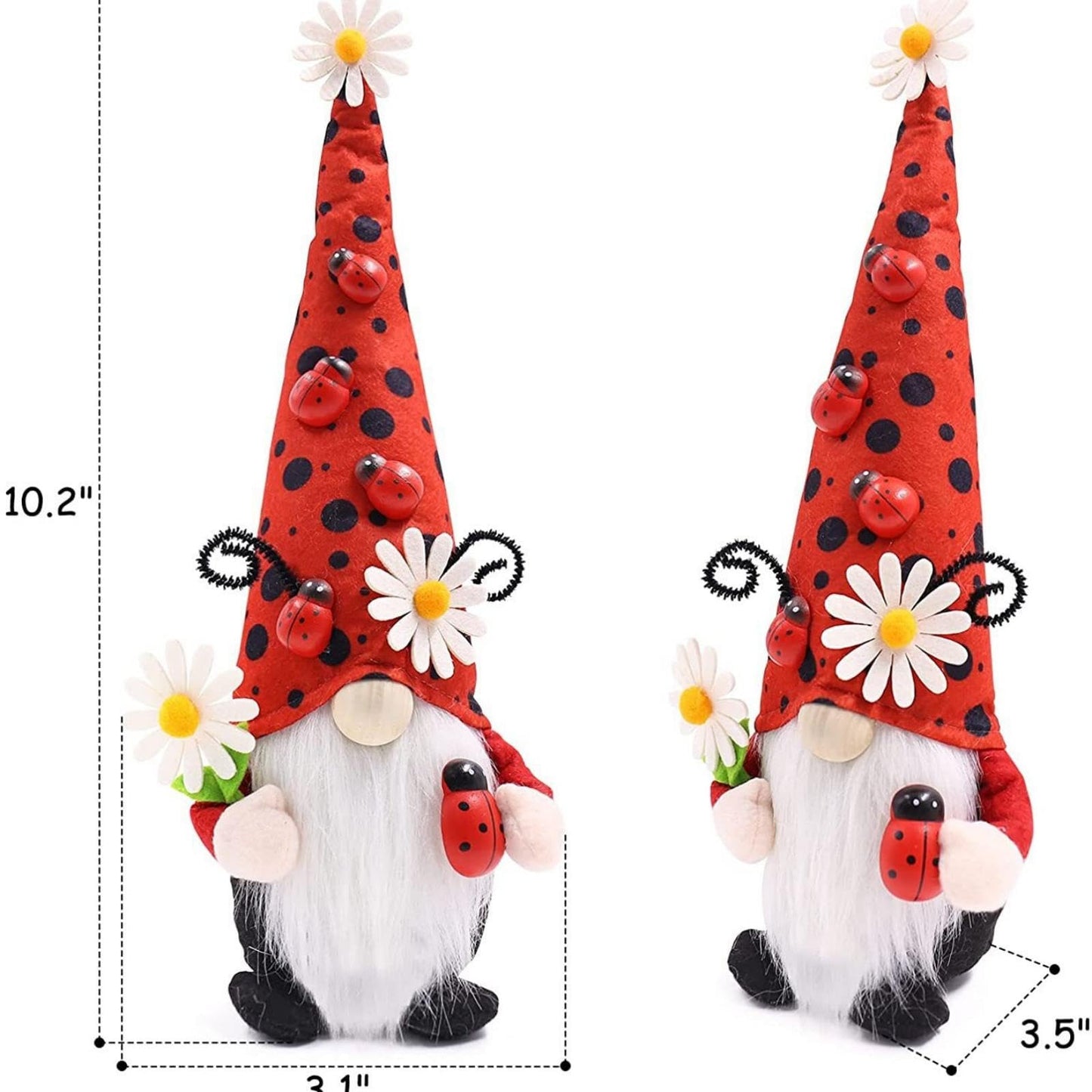 Gwindrise Small Ladybug Gnome Plush, Spring Summer Home Decor, Red Polka Dot Hat with Daisies, White Beard, Ideal Kitchen or Tiered Tray Summer Display