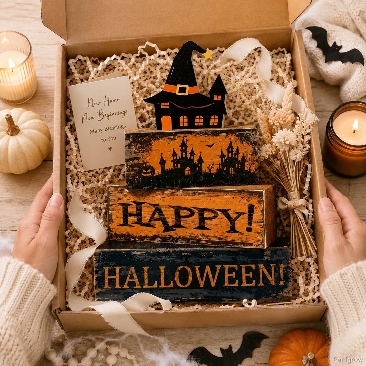 4 Pcs Halloween Table Decorations Distressed Rustic Farmhouse Tiered Tray Decor Stackable Wooden Block Signs with Hat haunted House Topper, Happy Halloween Tabletop Centerpiece for Home Kitchen Office Mantel Shelf Party