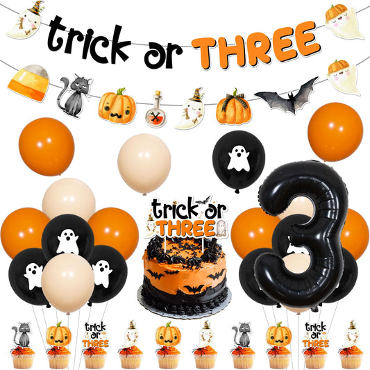 Halloween 3rd Birthday Decoraions Trick or THREE Banner Garland Halloween 3rd Birthday Cake Topper Cupcake Toppers Balloons for Girls Boys Third Bday Party Supplies