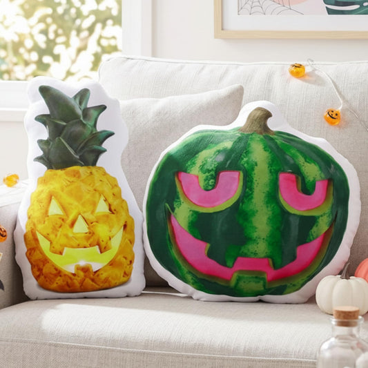 Cinnvoice 2 Pcs Summer Halloween Watermelon Pineapple Jack-o-Lantern Throw Pillows 15.7 Inch Halloween Spooky Summer Decoration for Home, Sofa, Bed, Car, Couch Holiday Decor