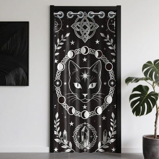 CONCHLERY Divination Style Door Curtain for Doorway Cats Doorway Curtain Stars Room Divider Curtains with Plastic Rings Folding Doors Curtains for Closet Bedroom Living Room Doorway, 39x79 Inch
