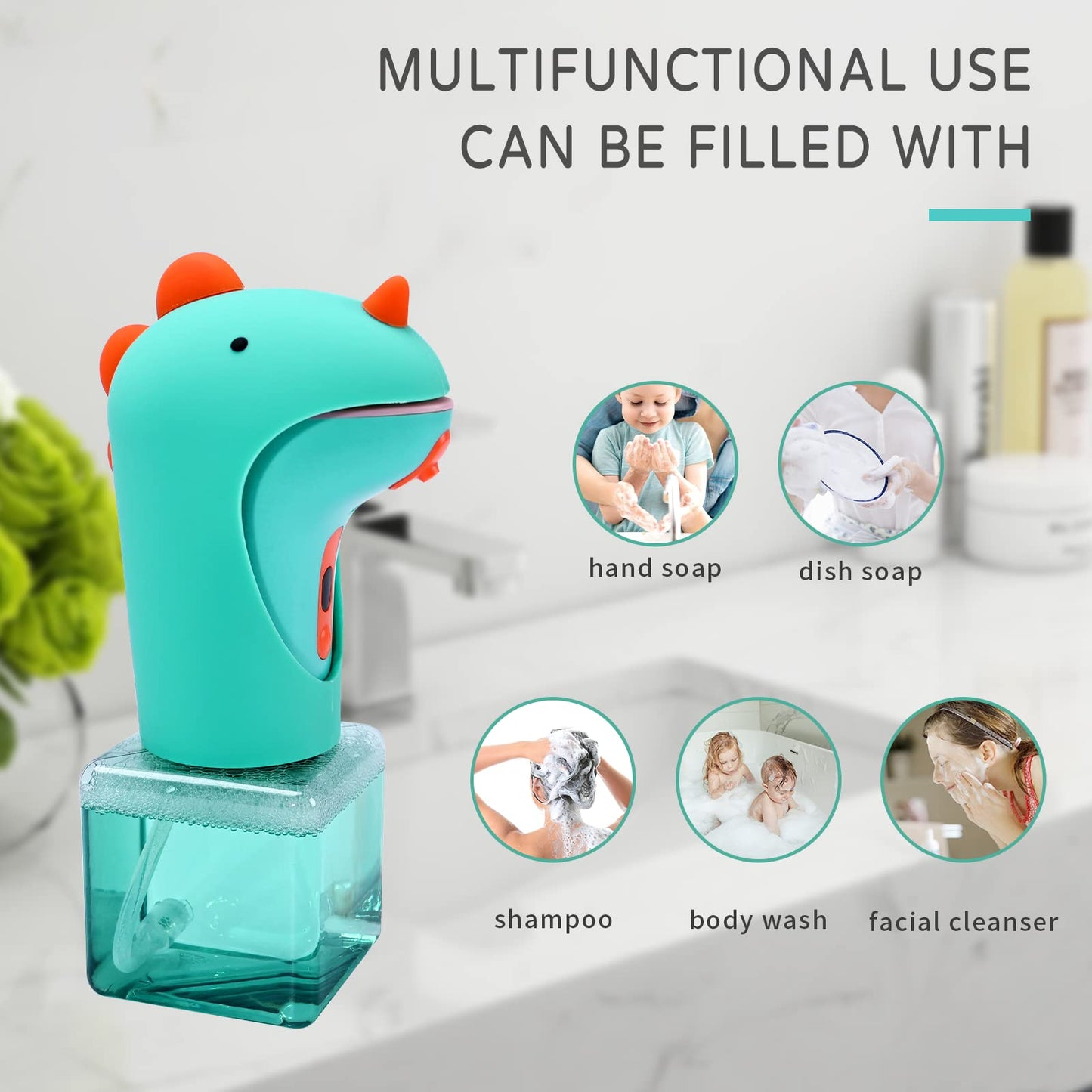 CADUFUELLY Automatic Soap Dispenser, Cute Touchless Foaming Soap Dispenser, IPX6 Waterproof, 2 Levels Foam Adjustable, Smart Hand Dispenser for Bathroom Kitchen 8.7oz/250ml (Dinosaur)