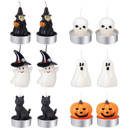 Rossesay 12 PCS Halloween Decoration Ghost Candles Pumpkin Skeleton Cat Witch Cute Mini Candles White Soy Wax Horror Tea Lights Spooky Set for Autumn Halloween Party Home Decorations
