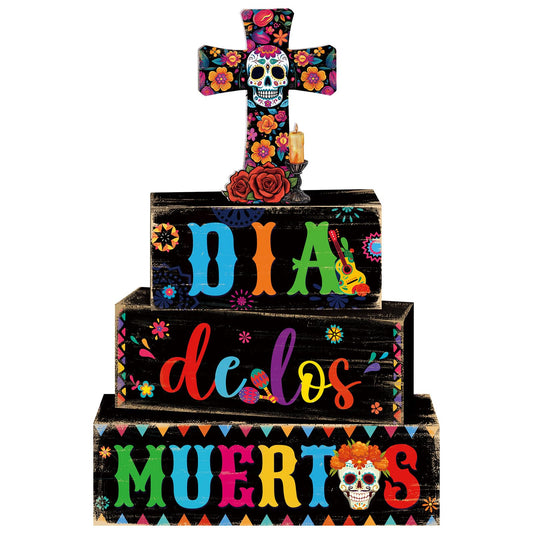 Mimorou 4 Pcs Day of The Dead Table Decorations Wooden Mexican Dia De Los Muertos Altar Centerpiece for Table Tiered Tray Decor Sugar Skull Cross Block Signs for Halloween Party Home Shelf Decoration