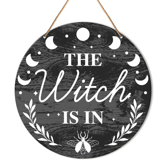 Muktoujaumai Witch Signs for Front Door, Witchy Hanging Sign Decor Halloween Wall Decorations Magic Witchcraft Sign for Gothic House, Porch, Entryway, Housewarming Gift for Wicca, The Witch Is in