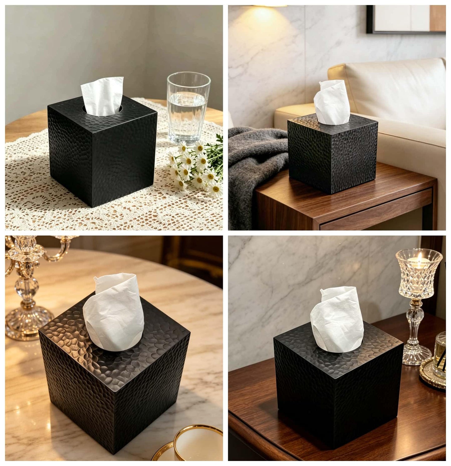 JWT Astyle Hammered Square Black Facial Tissue Box Cover Holder.Handcrafted Resin Kleenex Box Covers Cube with Open Bottom for Bathroom Livingroom Kitchen Office Home Decor Gifts