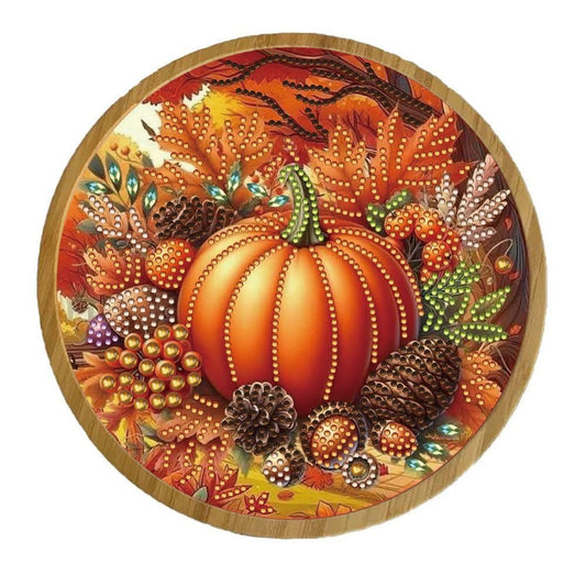 ARTopet DIY Diamond Round Serving Tray Diamond Art Painting Creative Design Handmade Bamboo Tray Dinner Plate for Coffee Breakfast Home Organizer-Fall Pumpkins