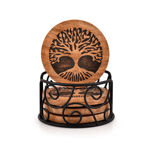 Samhita Tree of Life Wooden Coaster Set with Iron Holder – Acacia Wood & Iron Drink Coasters, Set of 4, Decorative Table Coasters for Home & Office Décor