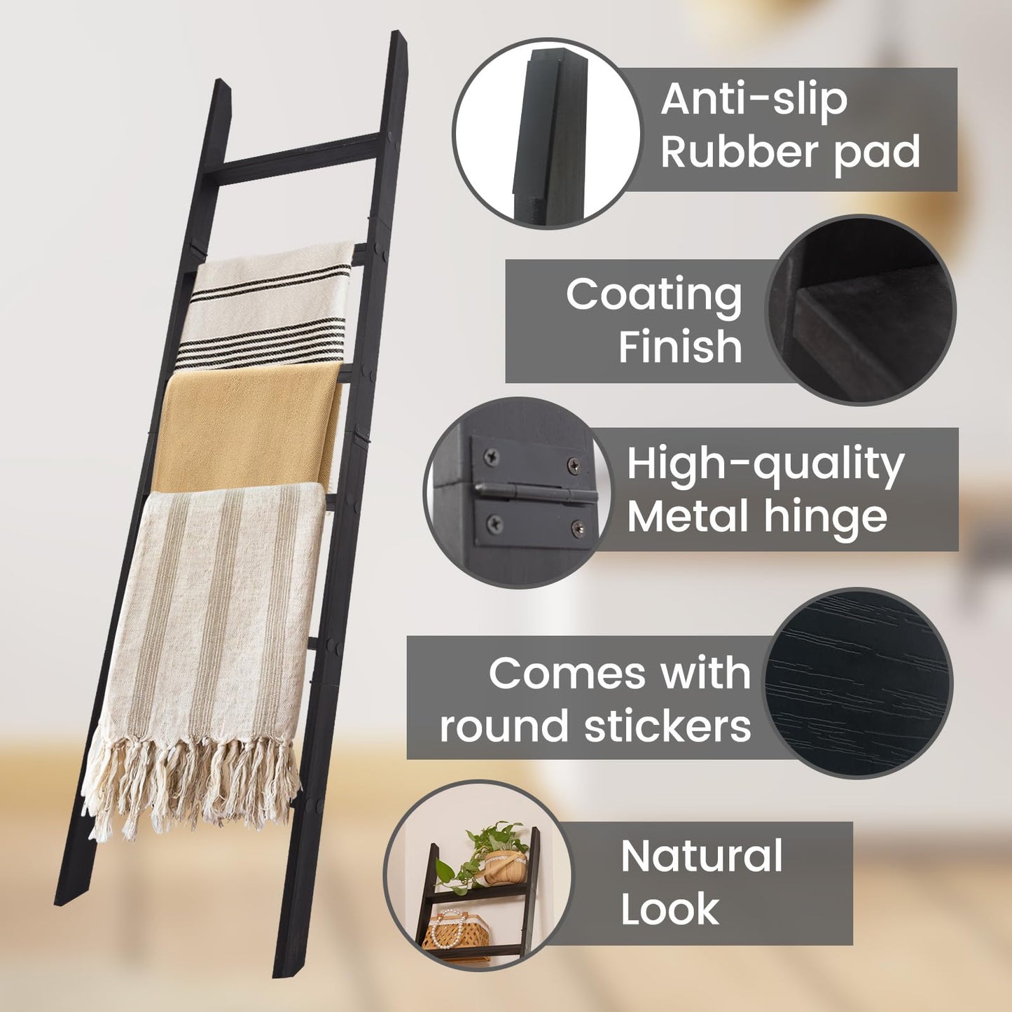 HYBDAMAI 6-Tier Blanket Ladder – 5.5 Ft Wall Leaning Quilt Rack, Farmhouse Blanket Storage for Living Room, Bedroom & Bathroom – Rustic Decorative Wooden Towel & Quilt Holder, Easy to Assemble