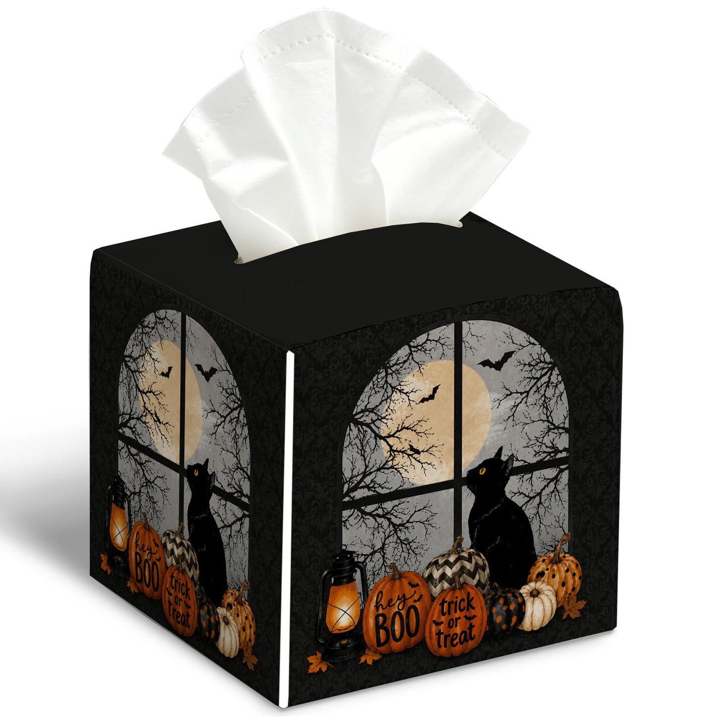 Halloween Black Cat Tissue Box Cover Square, Halloween Desk Decor Cube Tissue Box Holder, Autumn Tabletop Decor Leather Facial Paper Organizer Dispenser for Bathroom Home Night Stand Living Room/27