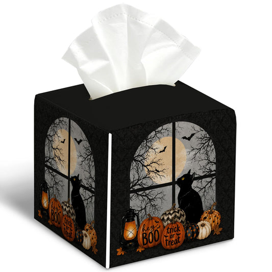 Halloween Black Cat Tissue Box Cover Square, Halloween Desk Decor Cube Tissue Box Holder, Autumn Tabletop Decor Leather Facial Paper Organizer Dispenser for Bathroom Home Night Stand Living Room/27