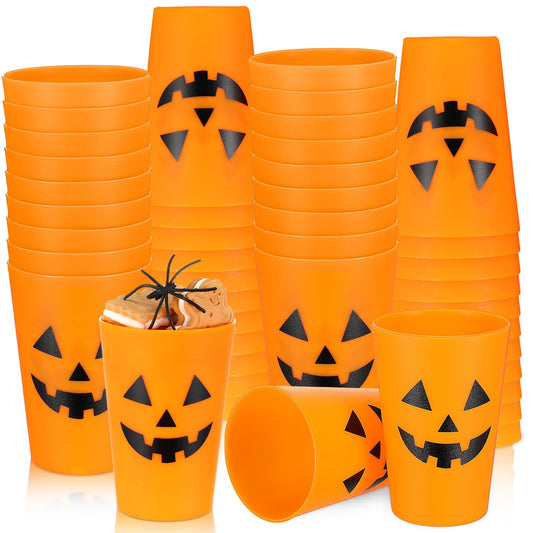 Dandat 48 Pcs Halloween Pumpkin Design Plastic Cups - Reusable Jack O Lantern Cups for Adults Kids Drinks Coffee Juice Party Supplies 8.8 oz