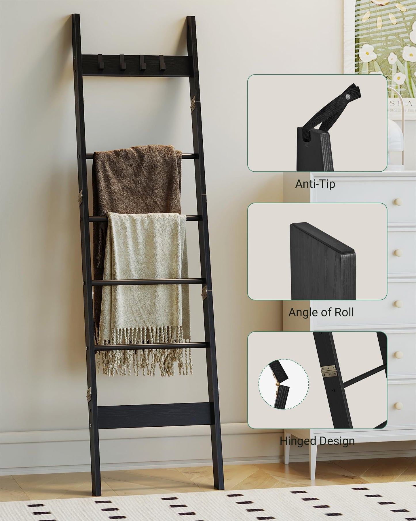 Hzuaneri Blanket Ladder for Living Room, Decorative Quilt Rack with 4 Removable Hooks, 6-Tier Farmhouse Ladder Holder Shelf Organizer for Bedroom, Black BR31504B
