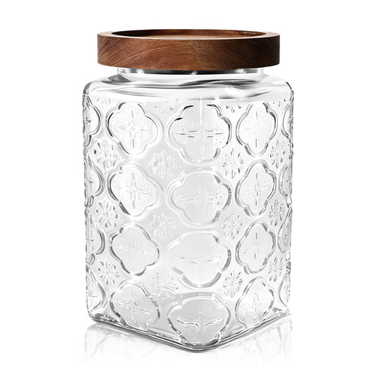 Vintage Glass Jar with Wood Lid - 34 OZ Large Airtight Canister for Kitchen Pantry Bathroom, Decorative Storage Container for Candy, Oats, Cookie, Coffee Bean, Sugar, Tea, Dog Treat, Snack, Begonia