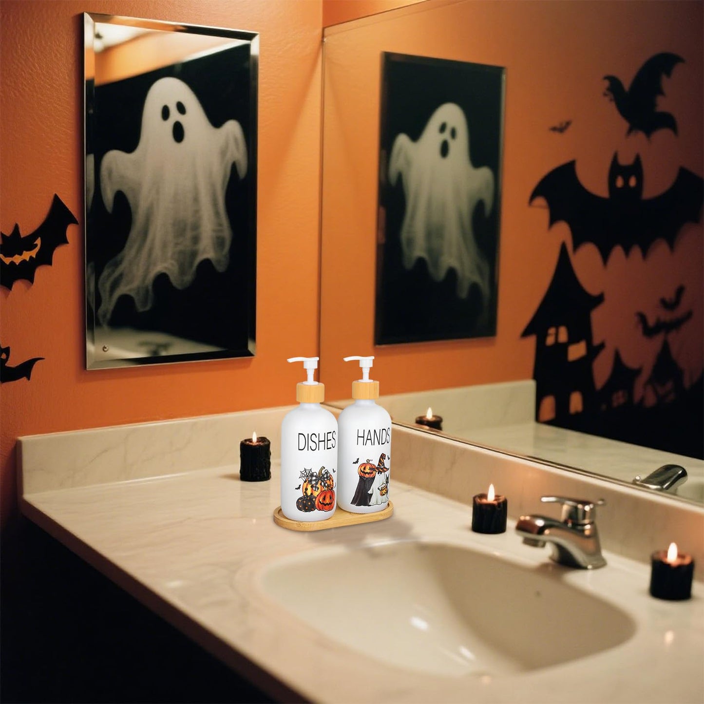 Whaline 2 Pcs Halloween Soap Dispenser Spooky Pumpkin Face Ghost Glass Soap Dispenser with Pump Refillable Liquid Container for Trick or Treat Party Home Kitchen Decor
