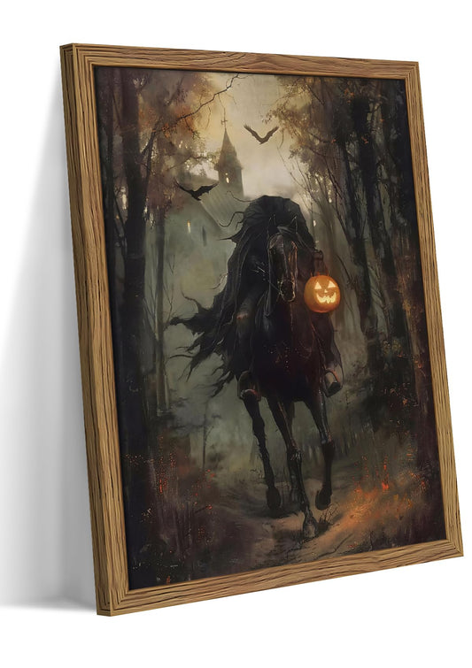 Framed Vintage Halloween Wall Art, Gothic Pumpkin Headless Horseman Wall Decor, Dark Academia Artwork Canvas Paintings, Moody Spooky Forest Posters Prints Pictures for Living Room Bedroom 12x16 Inch