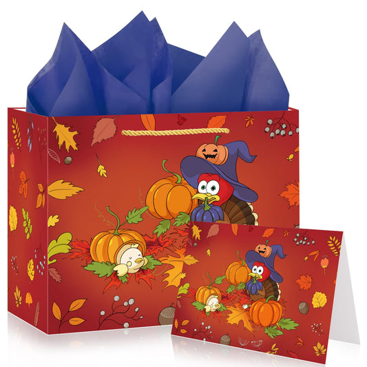Briurdo Large Orange Happy Halloween Bag 11.8" Trick or Treat Gift Bag with Tissue Paper Greeting Card Night Pumpkin Turkey Paper Treat Bag Goodie Bags for Kids Halloween Thanksgiving Party Decorations Supplies
