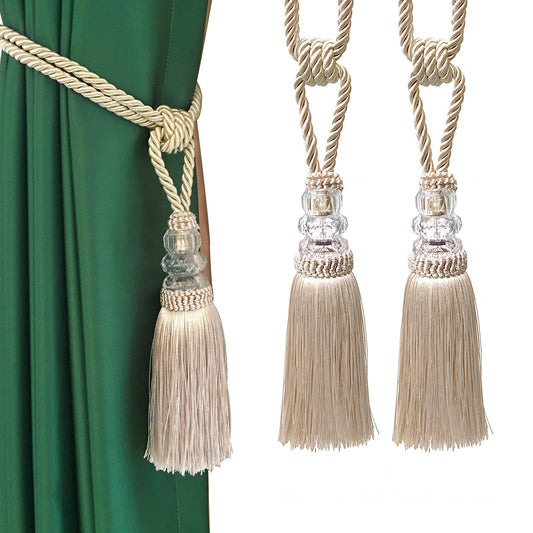 Fenghuangwu Tassel Curtain Tiebacks Handmade Curtain Tie Backs, Elegant Crystal Curtain Holdbacks for Home Office Decor (Beige, 2P)