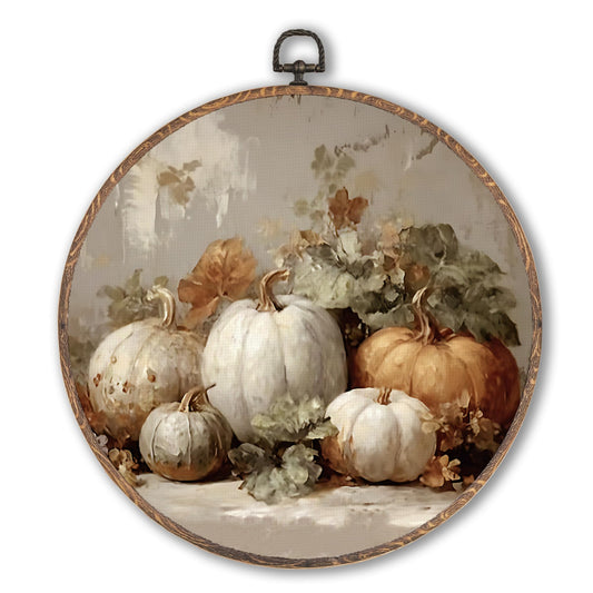Hxlac Vintage Fall Pumpkin Maple Leaves Round Wall Art Framed, Fall Halloween Pumpkin Round Wall Decor, Vintage Autumn Hanging Canvas Prints Wall Sculptures for Farmhouse Home Decor, 10x10 Inch