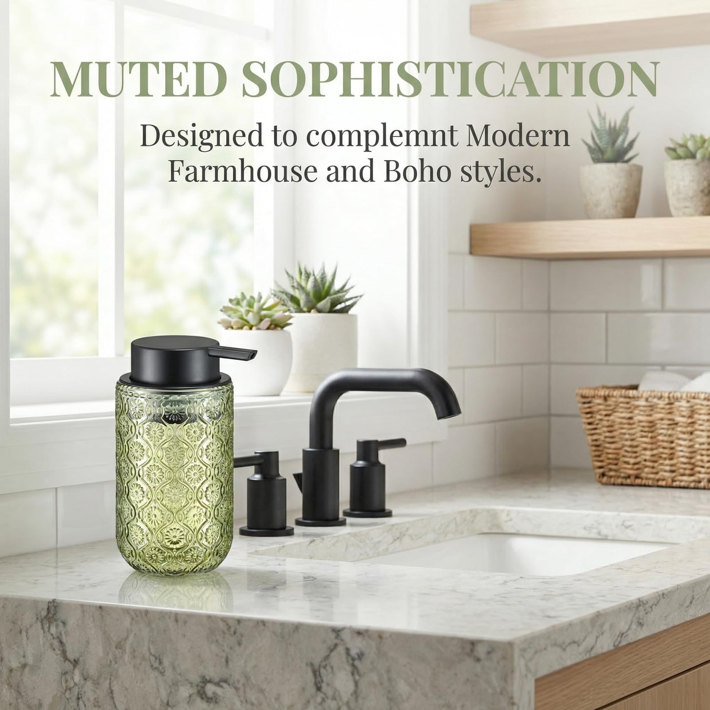 zuxzmj Green Glass Foaming Hand Soap Dispenser with Matte Black Pump Thick Embossed Bottle Refillable for Bathroom and Kitchen Decor 13.5 oz