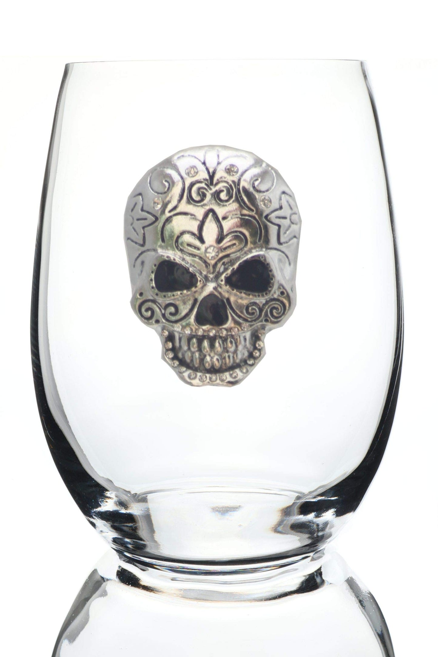 THE QUEENS' JEWELS Skull Jeweled Stemless Wine Glass, 21 oz. - Unique Gift for Women, Birthday, Cute, Fun, Not Painted, Decorated, Bling, Bedazzled, Rhinestone