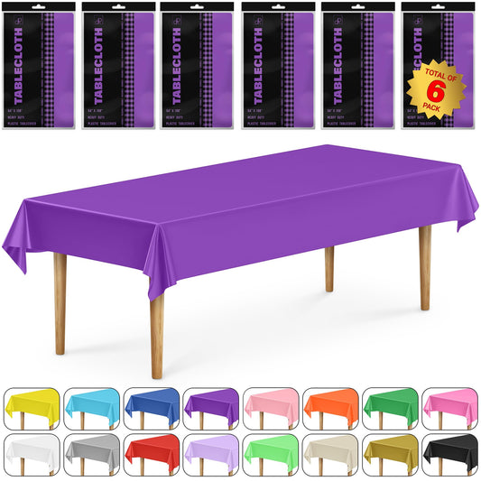 DecorRack 6 Rectangular Tablecloths BPA-Free Plastic, 54 x 108 inch, Dining Table Cloth, Rectangle Table Cover for Parties, Picnic, Camping and Outdoor, Disposable or Reusable, Purple (6 Pack)