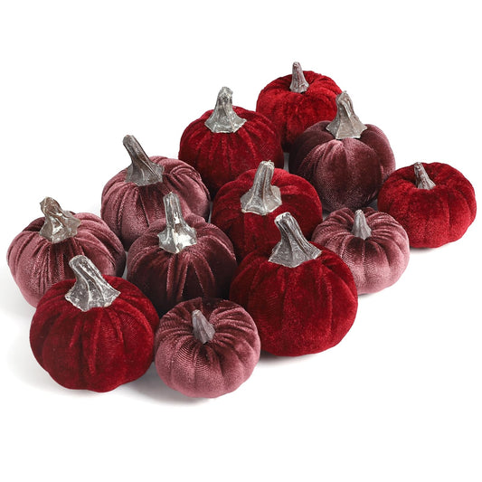 Lcuasc 12pcs Velvet Fake Pumpkins Fall Decor Faux Small Foam Fabric Pumpkin for Autumn Table Centerpiece Party Farmhouse Harvest Thanksgiving (Burgundy/Mulberry)