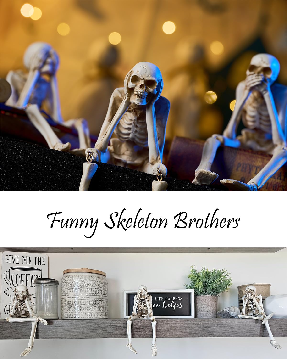 KcBlueJp Halloween Decorations Indoor Skeleton Statues See Speak Hear No Evil Figurines for Mantel Table - Realistic Resin Skull Spooky Gothic Home Decor Set of 3