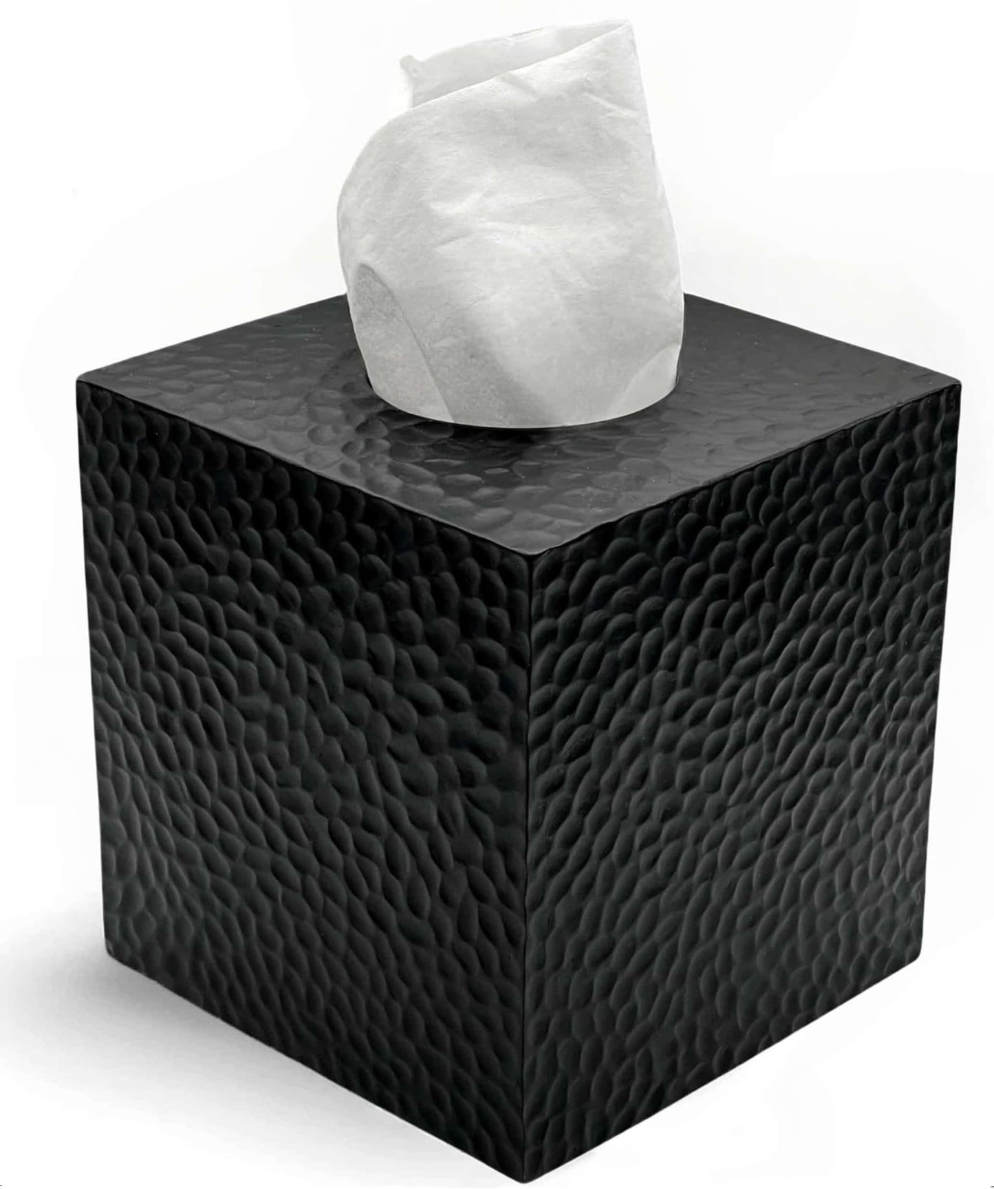 JWT Astyle Hammered Square Black Facial Tissue Box Cover Holder.Handcrafted Resin Kleenex Box Covers Cube with Open Bottom for Bathroom Livingroom Kitchen Office Home Decor Gifts