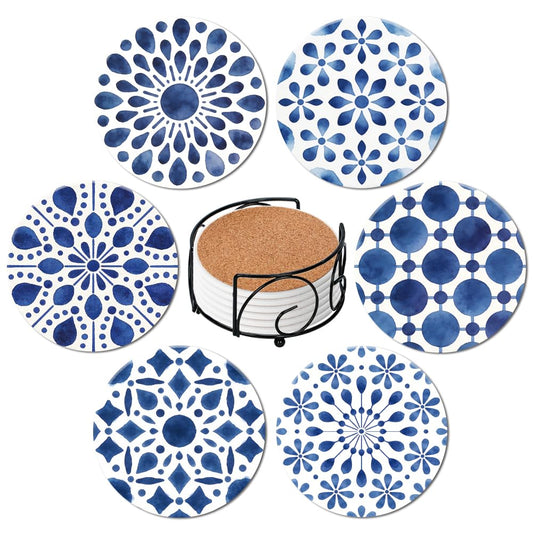 ANATTASOUL Ceramic Coasters Set of 6 with Holder Blue Abstract Patterns Absorbent Drink Coasters for Home Decor, 4.05" Round Marble Coasters for Coffee Table, Kitchen, Bar Decor Housewarming Gifts