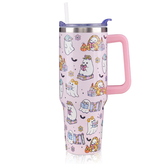 ZNYYZYBA 40 oz Halloween Tumbler with Lid and Straw, Stainless Steel Insulated Ghost Reading Book Tumbler 40 oz, Reusable Ghost Cup with Leak Proof Lid, Halloween Gifts for Women