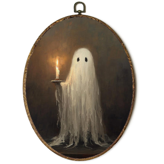 OINDADE Vintage Halloween Ghost Oval Wall Art Decor, Dark Moody Fall Spooky Ghost Wall Art Hanging Decor, Spooky Fall Ghosts Candle Halloween Framed Canvas Artwork for Living Room Bedroom, 8.8x11.5in
