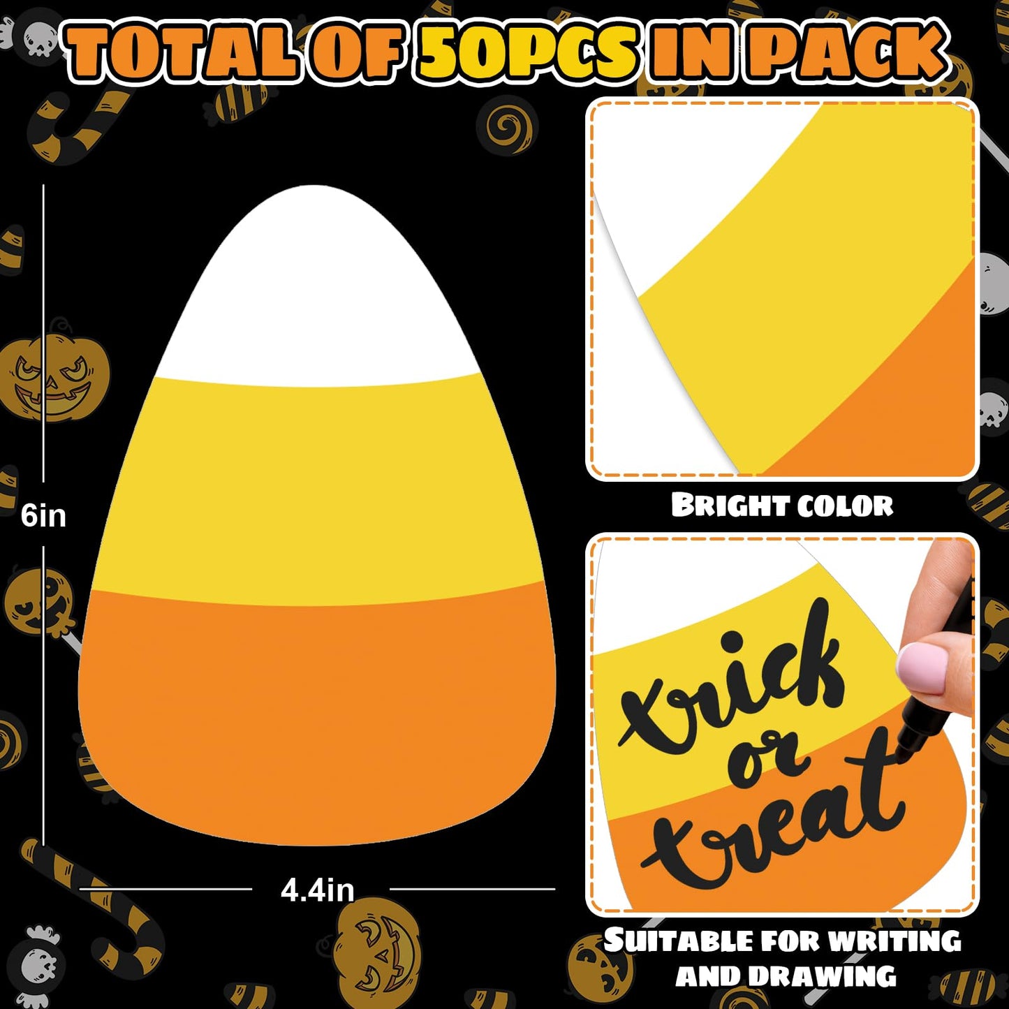 JarThenaAMCS 50Pcs Halloween Cutouts Candy Corn Paper Cut-Outs Halloween Candy Corn Bulletin Board Decor with 100Pcs Glue Points for DIY Art Craft Wall Home Classroom School Party