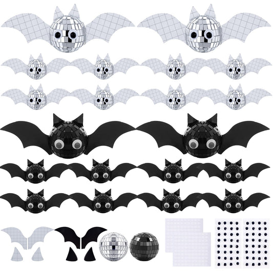 24 Pcs Halloween Disco Bats Halloween Disco Decor DIY Disco Ball for Halloween Party Decor Glitter Disco Ball with Sparkle wing Wiggle Googly Eyes Round Dot Sticker for Halloween DIY Bats