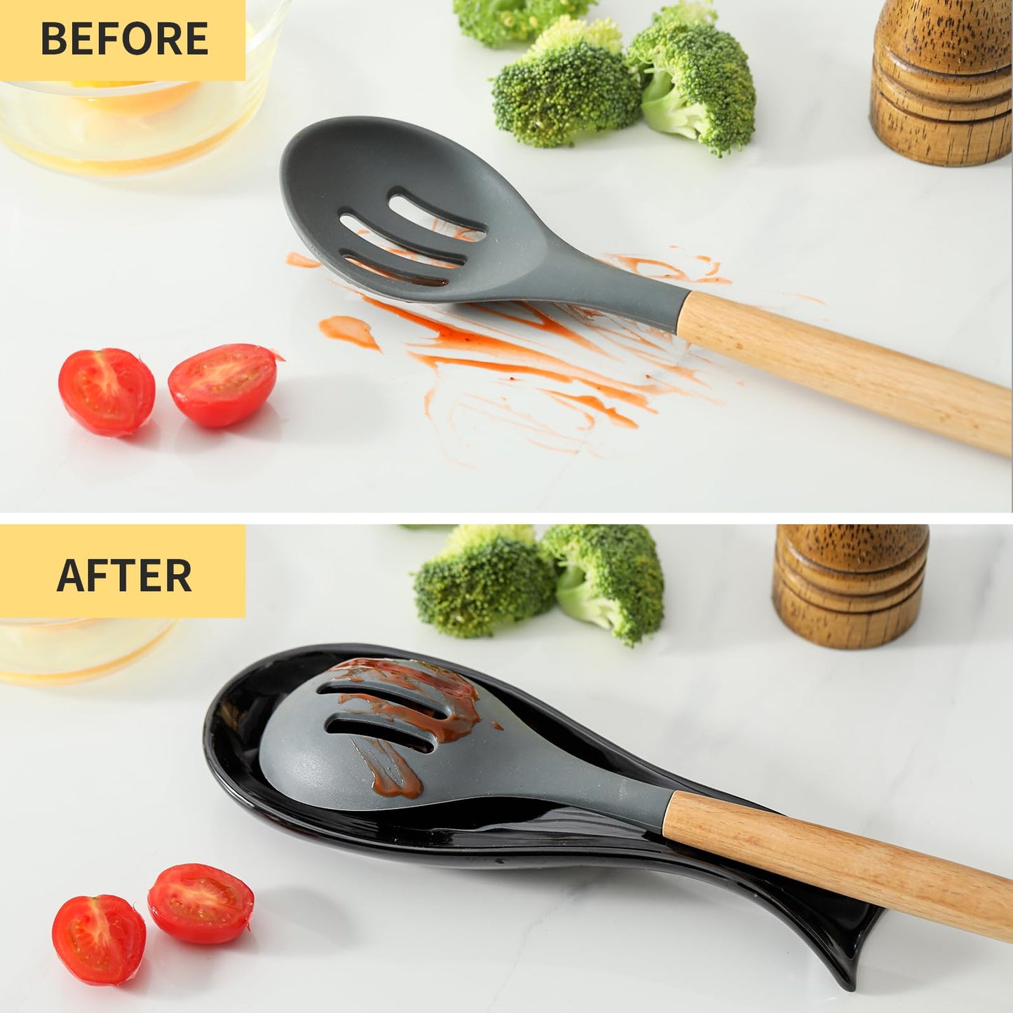 Hasense Spoon Rest for Stove Top, Large Ceramic Spoon Holder for Kitchen Counter, Cooking Utensil Rest for Spatula Ladle and Tong, Utensil Rest for Coffee Bar, Housewarming Gift, Black