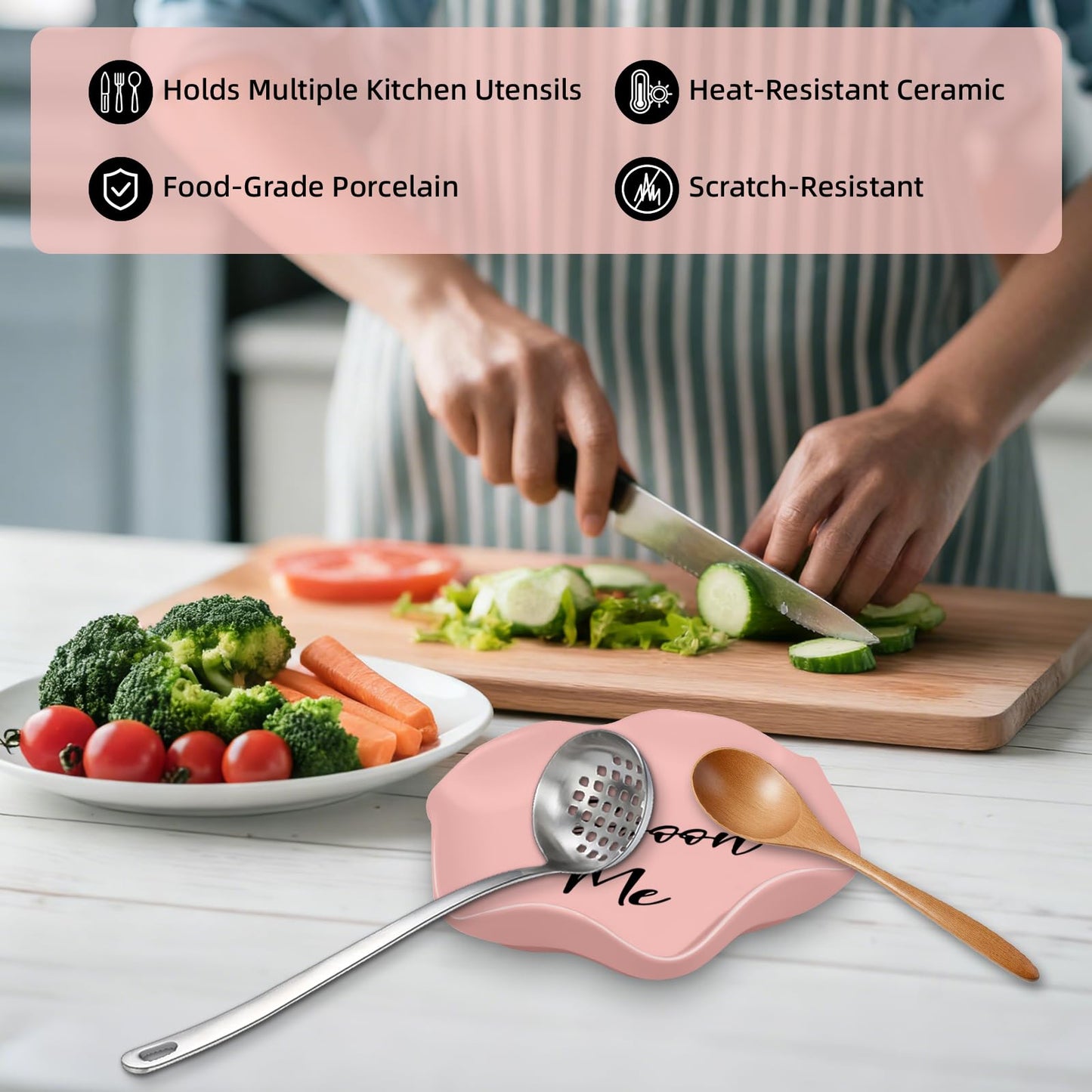 Funny Ceramic Spoon Rest for Kitchen Counter Stove Top, 5.8 Inch Heat-Resistant Utensil Holder for Cooking, Spoons, Ladles, Tongs, Cute Kitchen Decor, Housewarming Gift for Women Men (Pink)
