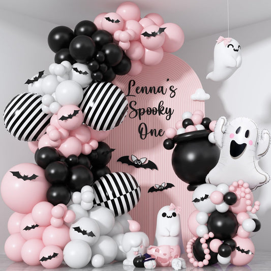 Pink Black White Halloween Balloon Garland Kit,118pcs Pastel Halloween Ghost Striped Foil Balloon Arch with 3D Bats for Girl Kawaii Spooky One Birthday Backdrop Baby Shower Birthday Party Decorations