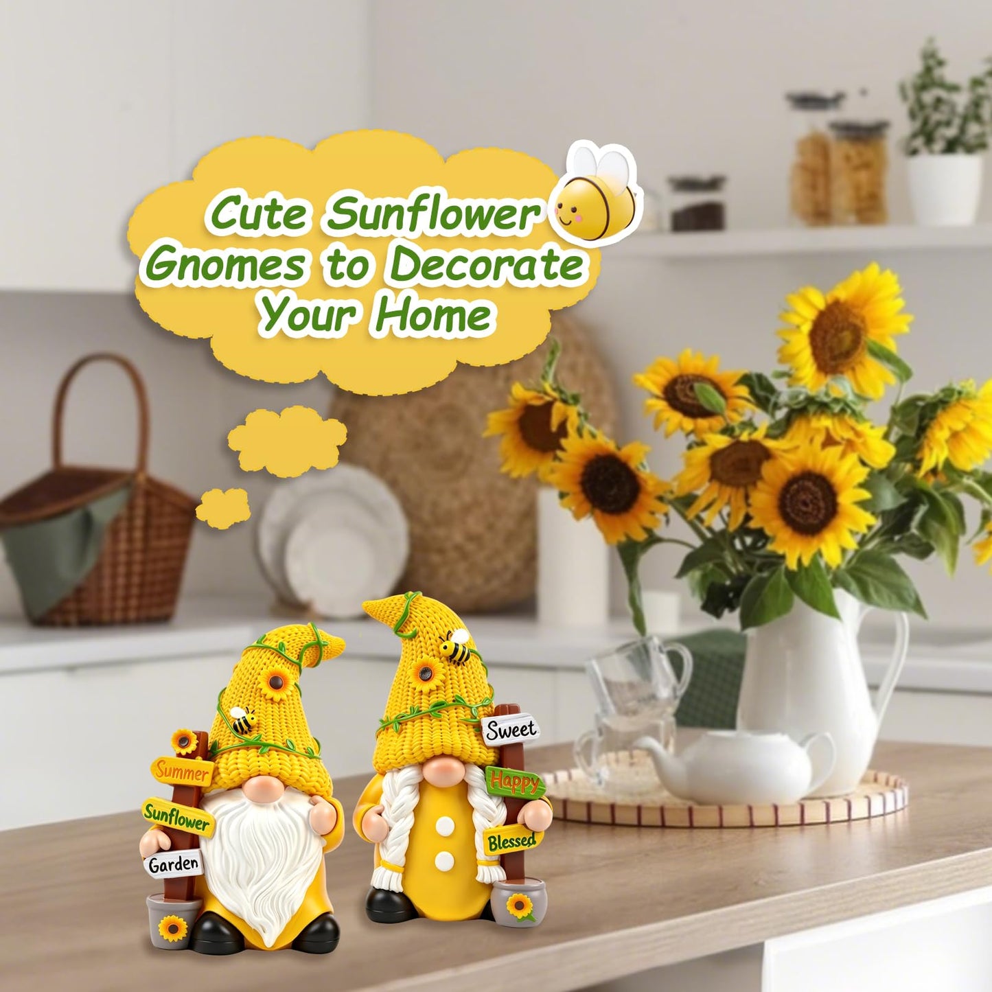 upbema Sunflower Gnome Garden Decorations 2 PCS Resin Summer Figurines Cute Indoor Collectible Statue Outdoor Ornament for Table
