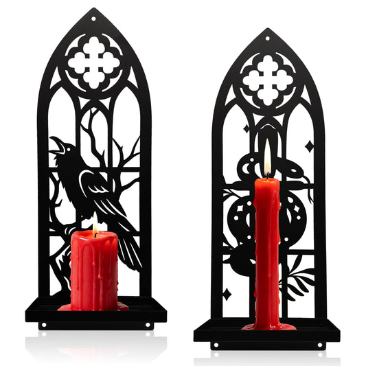 Zckjnoi Black Metal Gothic Wall Candle Sconces Set of 2, Raven & Snake Dark Academia Wall Decor with Tray for Taper & Pillar Candles, Fantasy Medieval Whimsical Halloween Victorian Pagan Wall Art