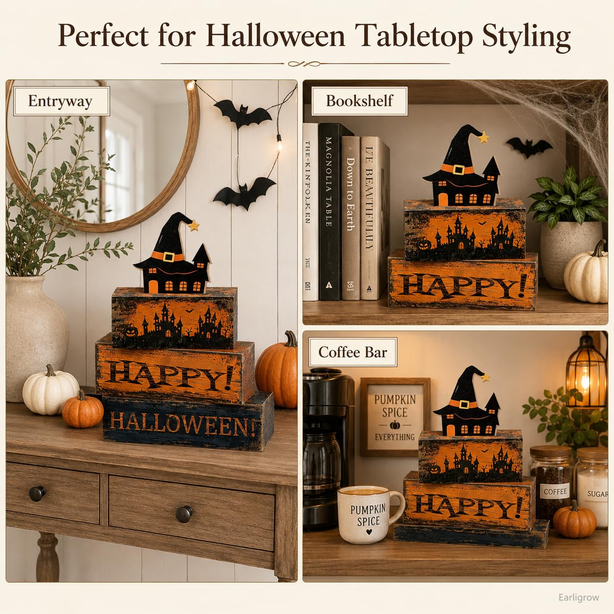 4 Pcs Halloween Table Decorations Distressed Rustic Farmhouse Tiered Tray Decor Stackable Wooden Block Signs with Hat haunted House Topper, Happy Halloween Tabletop Centerpiece for Home Kitchen Office Mantel Shelf Party
