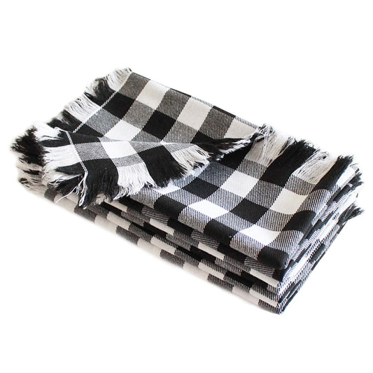 Black Buffalo Checkered Cloth Napkins, Set of 6, 18x18 inch Farmhouse Gingham Napkins with Fringe, Reusable Cotton Napkins for Dinner Parties, Thanksgiving, Halloween & Christmas Decor