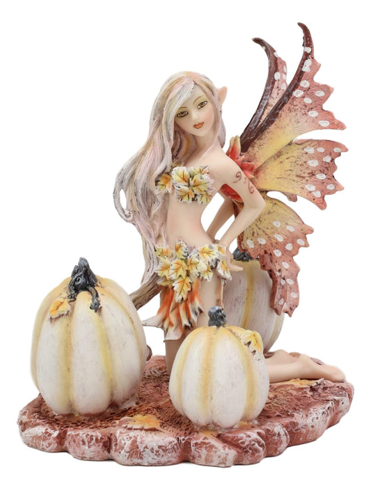 Ebros Amy Brown Autumn Maple Elf Fairy with White Pumpkins Statue 5" Long Fantasy Mythical Faery Magic Watercolor Collectible Decor Figurine for Women Girls Faery Garden DIY Art Centerpiece