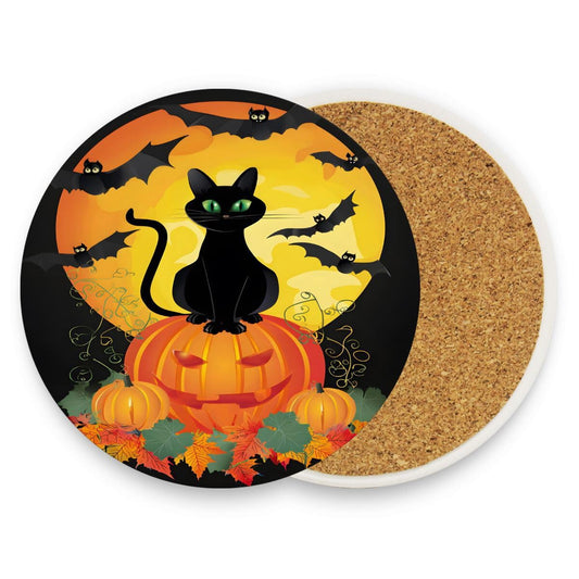 Halloween Drink Coaster, Black Cat Round Drinks Coaster Set, Great Gifts Warming Presents Decor for Halloween Christimas Thanksgiving